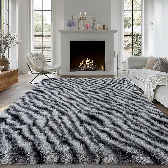 8x10 Large Area Rugs for Living Room, Soft Black White Zebra Big Shag Rug for Bedroom Nursery Kids Room Dorm, Non-Slip Modern Fluffy Plush Carpet for Home Decor