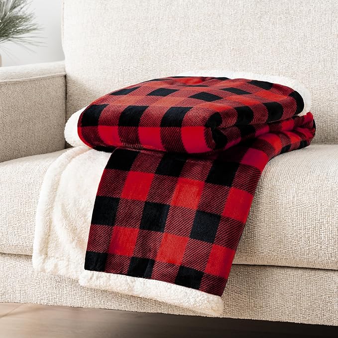 PAVILIA Black and Red Buffalo Plaid Sherpa Throw Blanket for Couch, Plush Red Black Checkered Fleece Blanket and Throws, Soft Fuzzy Flannel Blanket for Sofa Bed, Warm Cozy Winter Blanket Gift, 50x60