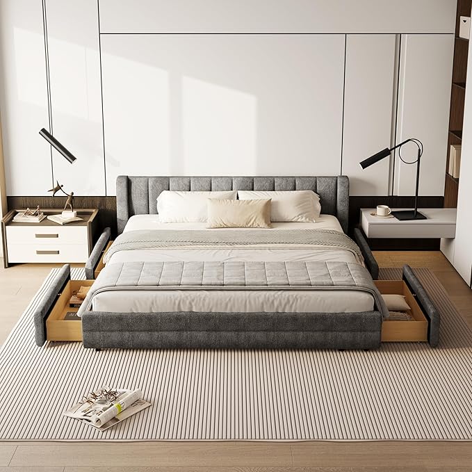 DEINPPA King Size Bed Frame with 4 Storage Drawers and Cloud Soft Headboard, Chenille Upholstered Grounded Wood Base Bed Frame, No Box Spring Needed-Dark Grey