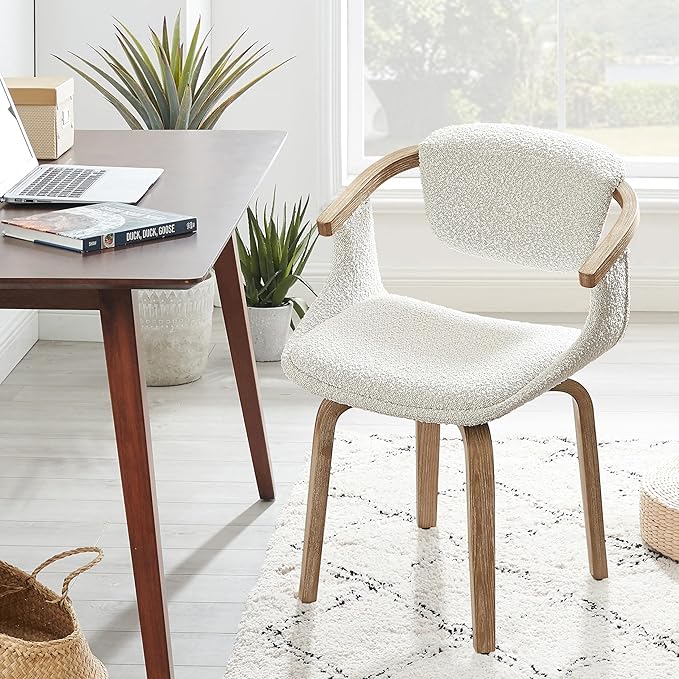 Art Leon Desk Chair No Wheels, Mid Century Modern Swivel Accent Chair, Boucle Fabric Home Office Desk Chair for Small Spaces Living Room Bedroom, White