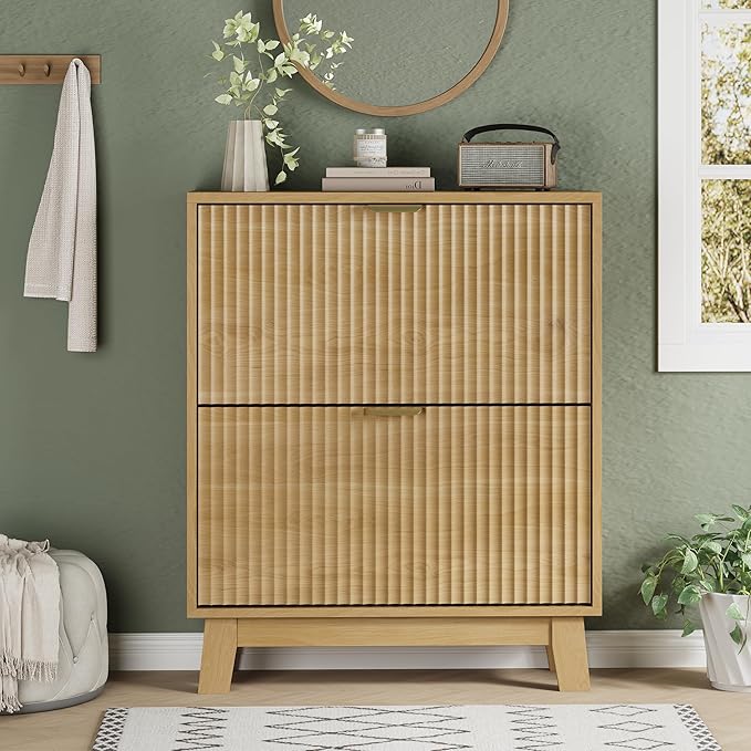 Shoe Cabinet with 2 Flip Drawers, 37" Tall Narrow Fluted Shoe Storage Organizer for Entryway, Hidden Slim Wooden Shoe Rack Cabinet for Front Door Entrance, Hallway, Living Room, Natural Oak