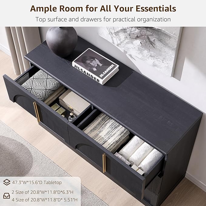 ACCOHOHO Arched Dresser for Bedroom with 6 Drawers, 47.3" Wide Modern Chest of Drawers with Rounded Edge & Metal Handles, Wood Storage Closet Dressers TV Stand for Living Room, Hallway, Black