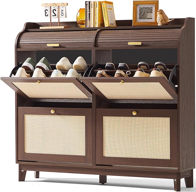 LINSY Shoe Storage Cabinet, Rattan Shoe Cabinet Flip Drawer Shoes Rack Cabinet with Sliding Tambour Door, Large Shoe Cabinets Mid Century Modern Hidden Shoe Storage Organizer for Entryway, Walnut