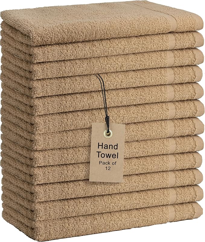 Basic Hand Towels 16x26 Inches – Pack of 12 – Beige Color – Soft and Absorbent Multipurpose Cotton Towels for Bathroom, Spa, Gym, Salon, Hotel, and Everyday Use