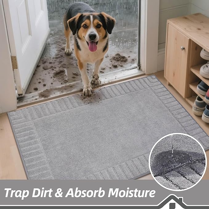BEQHAUSE Door-Mat-Non-Slip Front Door Mat Washable Low-Profile Entrance Rugs for Front Door Entry Dirt Trapper Door Mats Absorbent Welcome Mats,20"x32",Light Grey