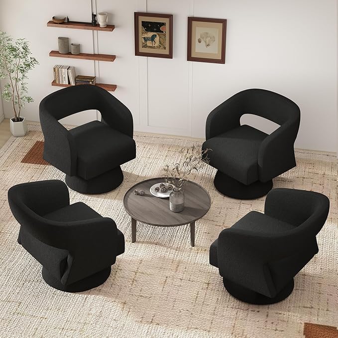 Swivel Accent Chair Set of 2, Modern Comfy Teddy Barrel Chairs, Oversized Upholstered Round Arm Chair for Living Room, Bedroom, Reading Room, Black