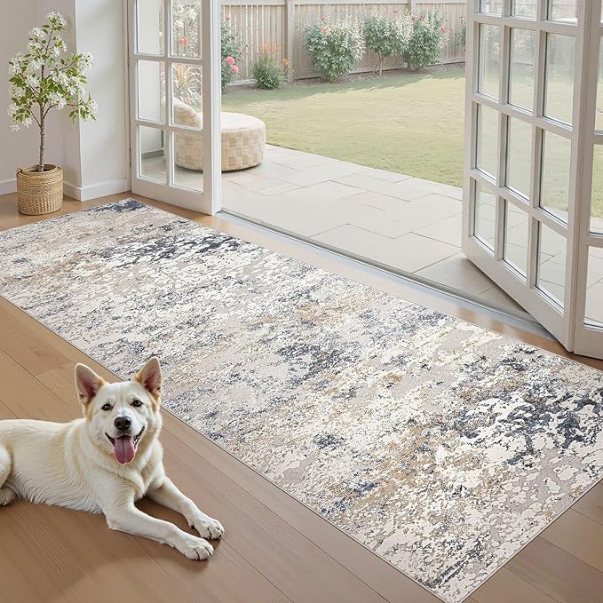 Washable Runner Rug for Hallway: 3x8 Neutral Modern Abstract Low Pile Area Rug with Non-Slip Backing - Carpet for Bedroom Kitchen Laundry Entryway Bathroom Indoor - Beige Blue