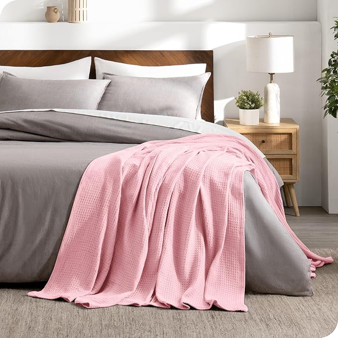 Bare Home Light Pink Waffle Blanket, Extra Long - 66Wx90L, 100% Cotton, Soft & Breathable Blanket for All Seasons, Lightweight, Perfect for Layering Bed, Sofa & Couch (Twin/Twin XL, Light Pink)