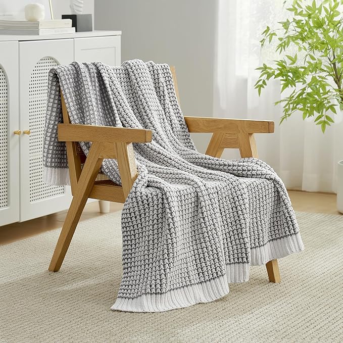 Amélie Home Waffle Chenille Throw Blanket for Couch, Pineapple Stitch Knit Soft Cozy Knit Blanket Decorative Throw for Sofa, Chair, 60"x80", Grey&Ivory