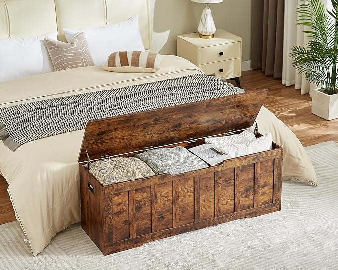 51.2"Storage chest extra large,storage bench with 2 safety hinges,Shoe Bench,51.2*15.7*19.1inches,wooden trunk for bedroom,livingroom,entryway,Supports 220 lb,Easy Assembly(Rustic brown)