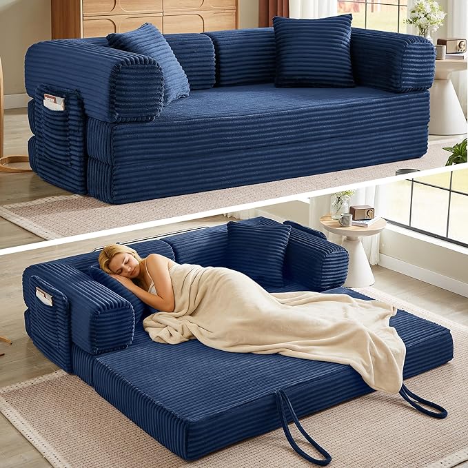 Boneless Couch Folding Couches for Living Room Sofa, Futon Sofa Bed with Sleeper Sofa, Futon Couch with Fixed-Shape Oversized Corduroy Upholstered (Blue, 81 Inches)