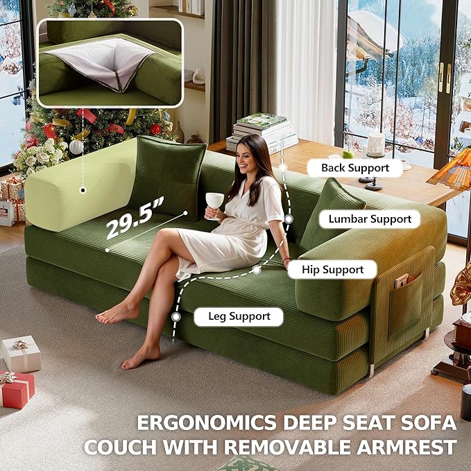 78.8" Convertible Sofa Bed,Corduroy Futon Couch with Storage Pocket,Folding Pull Out Futon Sofa,No Assembly Boneless Couch for Living Room,Green