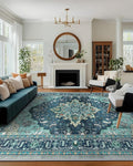 Area Rugs 10'x12' Washable Non-Slip, Floral Vintage Distress Print Pattern Medallion Carpet for Living Room Bedroom Dining Room, Teal Green Lake Blue Turquoise