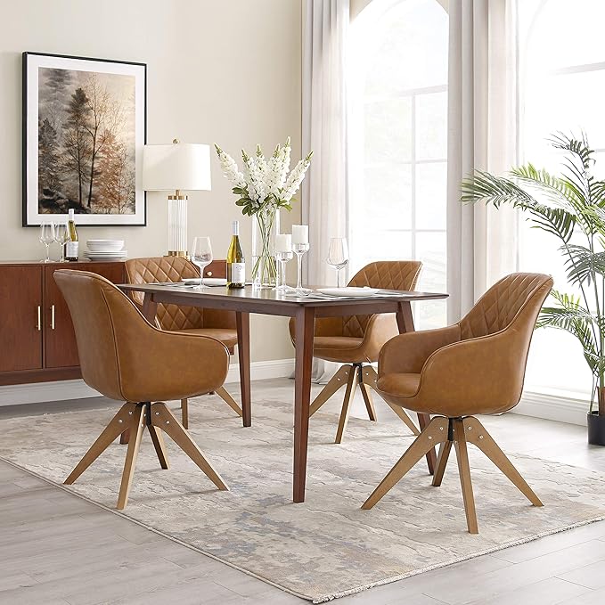 Zouron Mid Century Modern Accent Chair with Wooden Legs, Upholstered Swivel Chair No Wheels, Side Accent Armchair Vanity Chair for Small Space Home Office Living Room Bedroom, Claybank