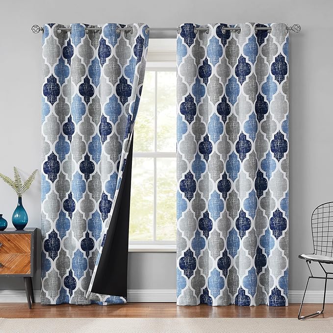 Beauoop 100% Blackout Curtains 90 Inches Long 2 Panels for Bedroom Living Room Blue Grey Moroccan Geo Room Darkening Thermal Insulated Soundproof Grommet Top Window Treatments Drapes, 50x90 Set of 2