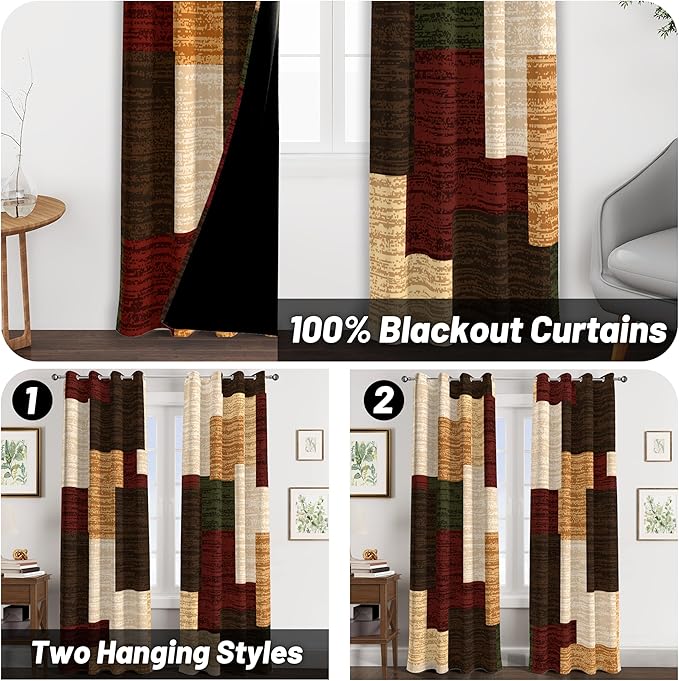 Brown Red Vintage 100% Blackout Curtains for Bedroom 96 inch Length 2 Panels Set Modern Abstract Geometric Black Out Curtains Insulated Room Darkening Window Drapes forLiving Room, 52Wx96L