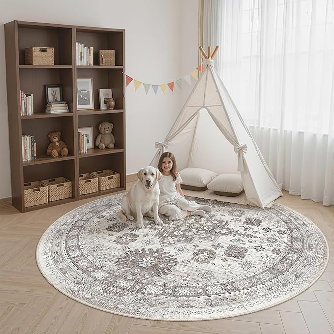 zesthome 9ft Round Rugs for Living Room, Non-Slip Washable Round Area Rugs, Ultra-Thin Large Circle Rugs, Soft Low Pile Rug for Bedroom, Kitchen - Vintage Stain Resistant Round Rug (Brown/Beige,9'x9')