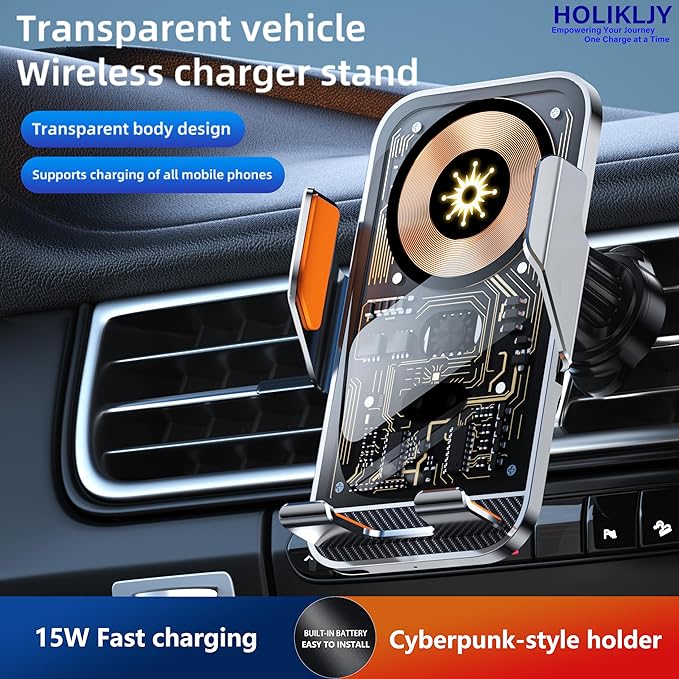 Wireless Car Charger Holder, 15W Fast Charging Car Phone Holder Charger Auto-Clamping 360° Rotation Adjustable Air Vent Phone Mount Car Charger with Luminous Logo for iPhone 16 15 14 13 S24 S23 S22
