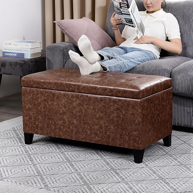 Asense Storage Ottoman Bench, Faux Leather Upholstered End of Bed Bench with Safety Hinge Wooden Legs, for Entryway Bedroom