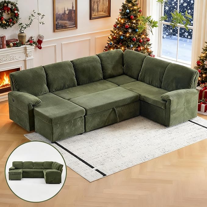 VINGLI Convertible Sofa Bed Couches for Living Room, Sleeper Sofa with Pull Out Couch Bed, Cloud-Like Plush Fleece U-Shape Sectional Couch with Storage Chaise, USB Charging, Side Pockets