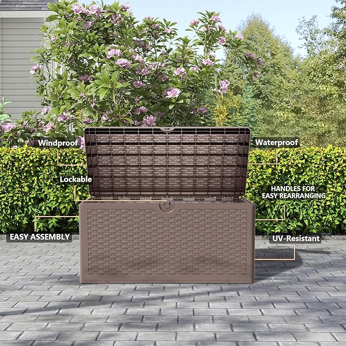 90 Gallon Pro Outdoor Storage Box Waterproof Lockable Resin Deck Box Large, Patio Storage Bin for Pool Accessories Cushion Furniture, Garden Tools, UV-Resistant Outside Delivery Brown