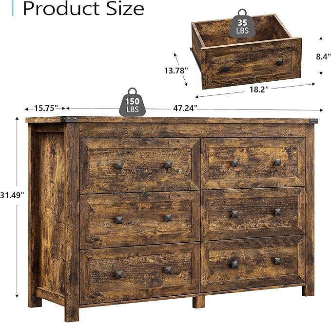 Dresser for Bedroom with 6 Drawers, Farmhouse Wood Chest of Drawers, Wide TV Stand Closet Storage Furniture with Metal Handle, Modern Clothes Organizer for Hallway, Living Room, Entryway, Brown