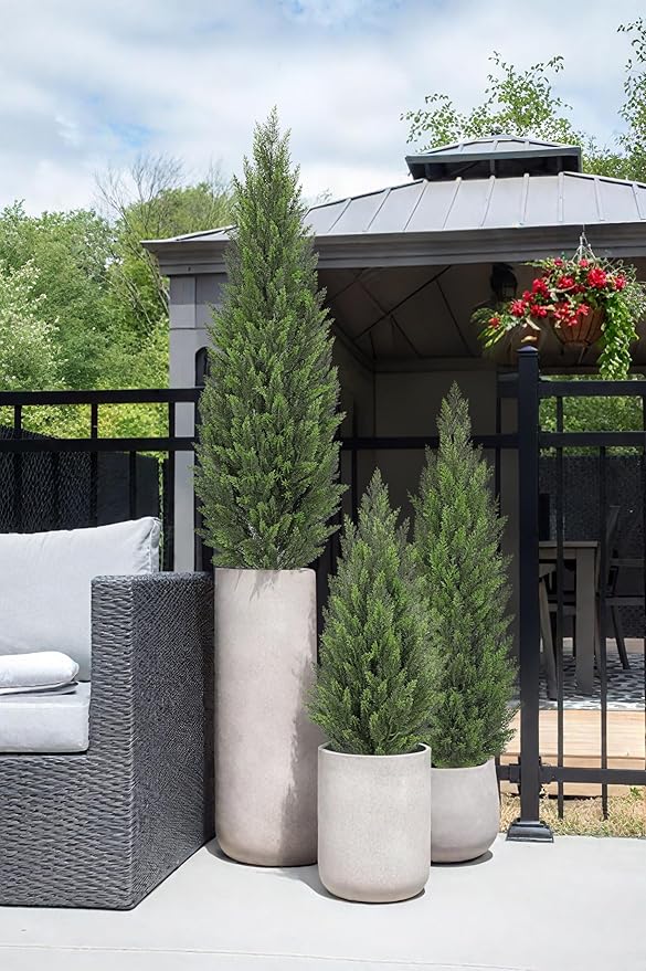Briful 5ft Cedar Topiary Trees Artificial Outdoor Set of 2, Realistic Faux Cedar Pines with Pots, UV Resistant Christmas Greenery for Holiday Decor, Indoor Farmhouse Entryway Patio Door Plants