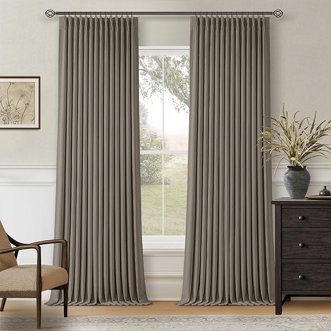Dark Flax 100 Inch Blackout Pinch Pleated Curtains 2 Panel Set for Living Room Darkening Thick Linen Textured 100% Black Out Drapes 100 Inches Long Pinch Pleat Light Blocking Bedroom Taupe Gray