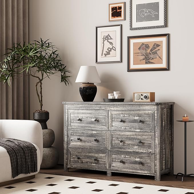 6 Drawer Dresser for Bedroom, Farmhouse Wood Chest of Drawers, Wide TV Stand Closet Storage Furniture with Metal Handle, Modern Clothes Organizer for Hallway, Living Room, Entryway, Grey