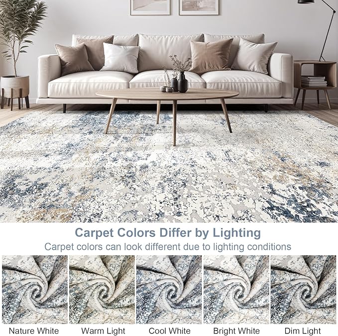Area Rug Living Room Rugs - 7x9 Large Soft Indoor Neutral Modern Abstract Low Pile Washable Rug Carpet for Bedroom Dining Room Farmhouse Home Office - Beige Blue