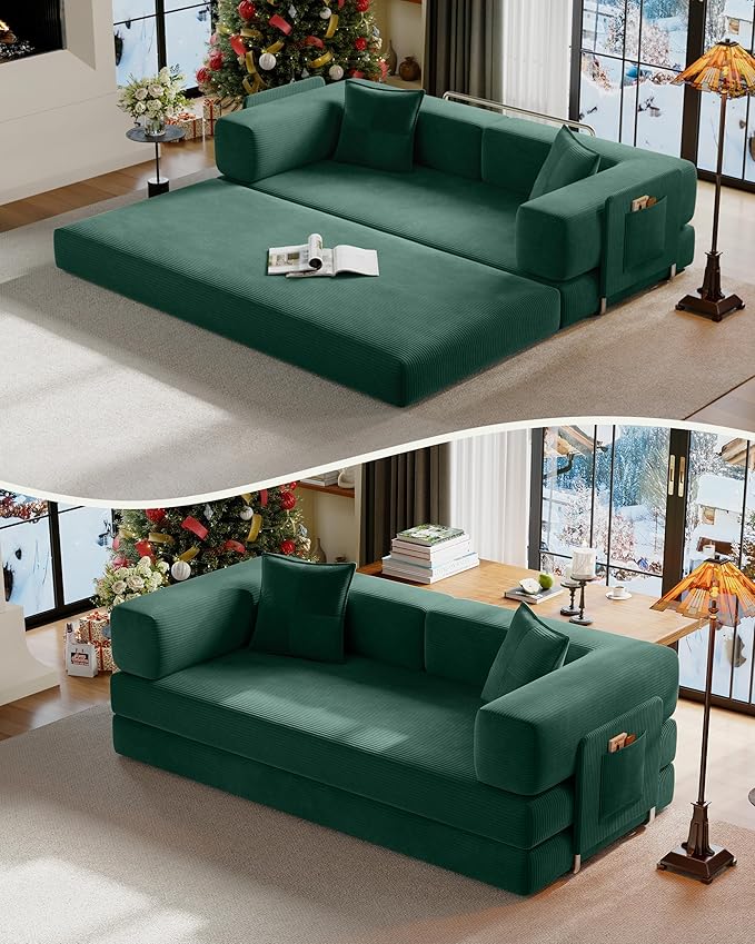 78.8" Convertible Sofa Bed,Corduroy Futon Couch with Storage Pocket,Folding Pull Out Futon Sofa,No Assembly Boneless Couch for Living Room, Emerald Green | Convertible Sofa Bed, Boneless Couch, sofa for living room, sleeper sofa, modular sofa