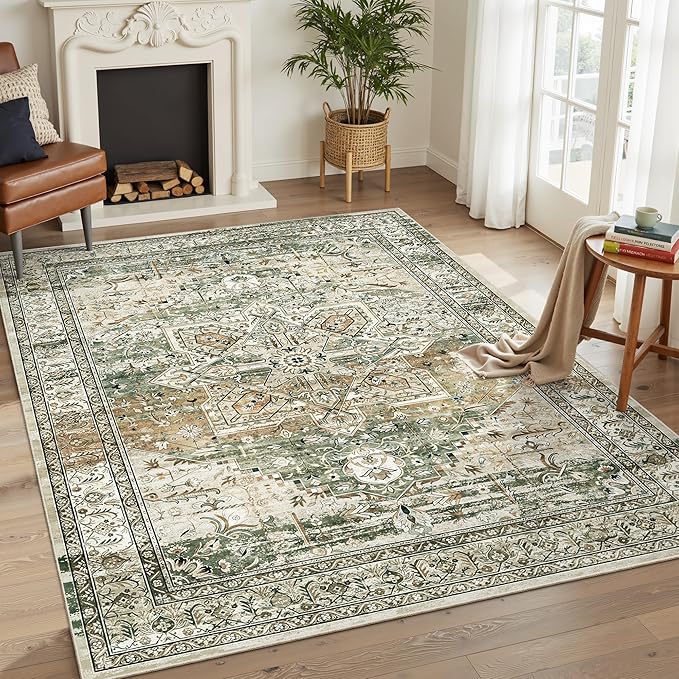 6x9 Area Rugs for Living Room Non-Slip Washable Rugs 6x9 Vintage Rug for Bedroom Dinning Room Ultra-Thin Area Rugs Farmhouse Home Decor Olive/Beige