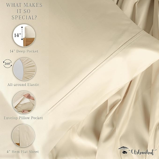 URBANHUT 800 Thread Count 100% Cotton Twin Size Sheets, Luxury 4 Piece Twin Bedsheets, Hotel Sheets Sateen Finish - Better Than Egyptian, 14" Elasticized Deep Pocket - Ivory
