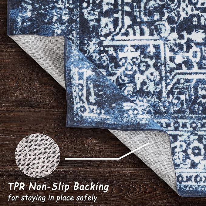 vivorug Runner Rug 2x10 Machine Washable Rug with Non-Slip Backing, Ideal for Kitchen Hallway Entryway Laundry Room - Vintage, Durable, Easy Clean, Low Pile Carpet Runner, Navy Blue