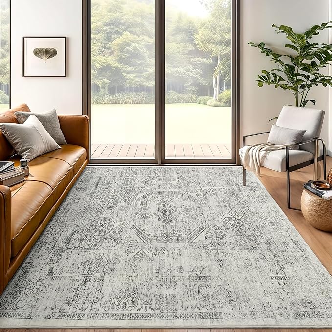 5x7 Area Rugs Grey Low Pile Indoor Washable Trendy Faded Style Floral Rugs for Bedroom Living Room Dining Room Foldable Non-Slip Thin Print Mat