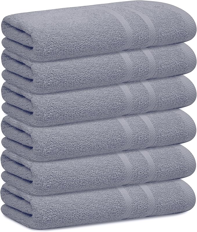 Looperry 6 Pack Small Bath Towel Set - 100% Cotton 23x46 Shower Towels in 450 GSM. Lightweight & Absorbent Quick Dry Gym Towel for Showering, Pet Drying, Spas & Salons. Terry Ringspun Towels (Grey)