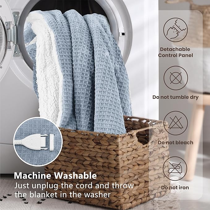 Heated Blanket Electric Blanket Queen Waffle, 84x90 Inches Dual Controllers Sherpa Fleece Fast Heating Blanket 6 Heating Levels & 10 Hours Auto Off ETL Certification, Haze Blue Queen