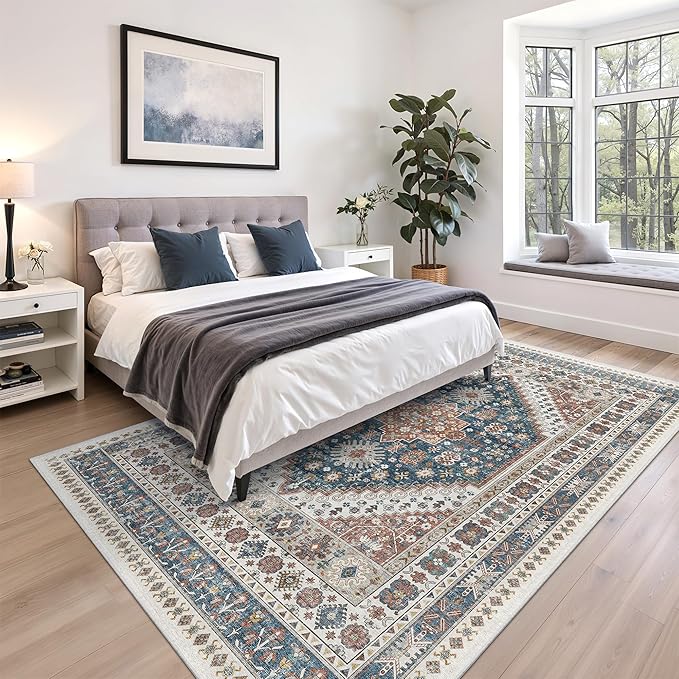zesthome 5x7 Area Rugs - Ultra-Thin Washble Rug, Stain Resistant Anti Slip Backing Rugs for Living Room,Bedroom, Vintage Home Decor Area Rug (Navy Blue/Red,5'x7')
