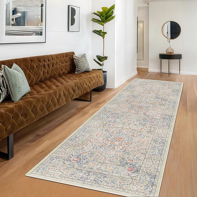 Floral 3x20 Wide Hallway Runner - Beige Blue with Purple Accent, Boho Pastel Decor, Washable Low Pile Non Slip Stain Resistant Rug for Long Kitchen, Hall Way