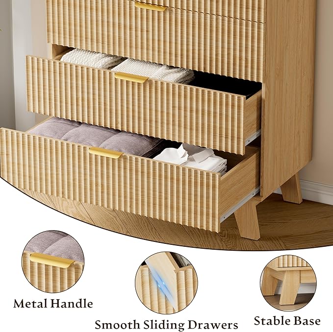 39" Tall Dresser for Bedroom, 4-Drawer Fluted Chest of Drawers, Modern Wood Highboy with Deep Storage, Metal Slides & Handles, Anti-Tip Kit, Vertical Clothes Organizer for Apartment, Nursery