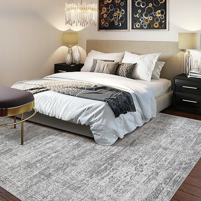 Area Rug Living Room Rugs - 7x9 Large Soft Indoor Neutral Modern Abstract Low Pile Washable Rug Carpet for Bedroom Dining Room Farmhouse Home Office - Vintage Grey