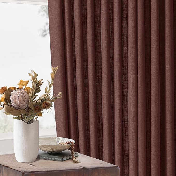 Reddish Brown Pinch Pleated Linen Cafe Curtains 45 Inch Length 2 Panels for Dining Room Kitchen Bedroom Semi Sheer Pleat Drapes with Hooks Rings Light Filtering Short Window Curtain Cabinet 40x45