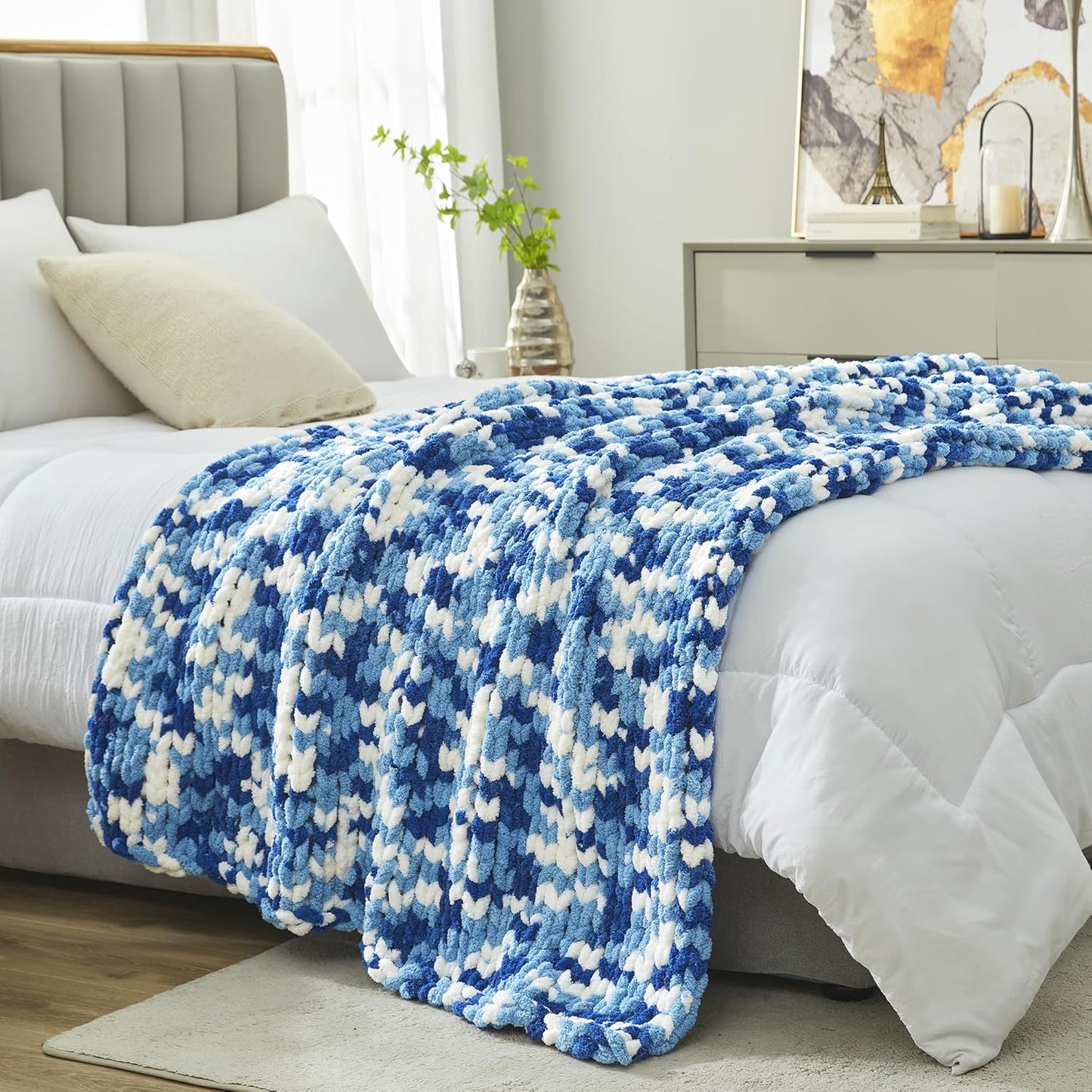 Amélie Home Chunky Knit Throw Blanket for Couch, Soft Chenille Crochet Blanket for Sofa, 50"x60", Space-Dyed Blue