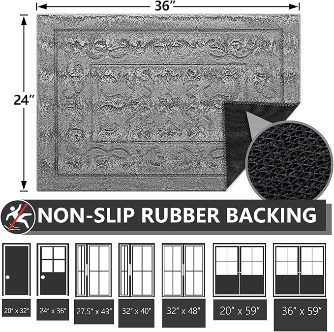 FONEYI Indoor Door Mat 24" x 36", Dirt Trapper Door Mats Non-Slip Entryway Rugs Washable, Absorbent Resist Dirt Welcome Mat, Low Profile Inside Floor Mats for Front Back Door and Entryway, Light Grey