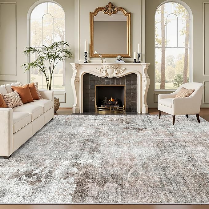 9x12 Area Rugs for Living Room, Non Slip Machine Washable Vintage Rugs, Low Pile Lightweight Large Rug for Bedroom, Dining Room, Home Office Grey Pink