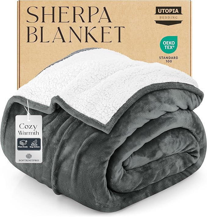 Utopia Bedding Sherpa Blanket California King Size (Grey, 102x96 Inches) - Soft Lightweight Plush Fleece Reversible Blanket for Bed, Sofa, Couch, Camping and Travel
