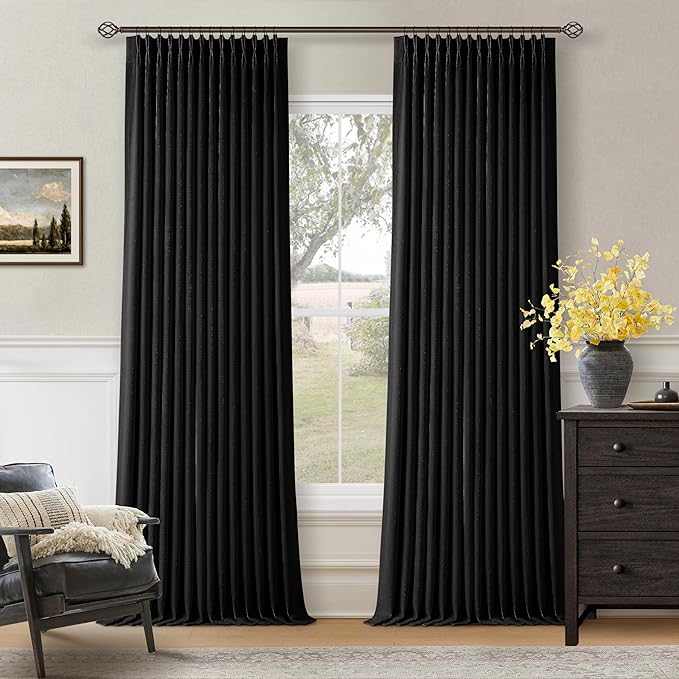Black 96 Inch Blackout Pinch Pleated Curtains 2 Panel Set for Living Room Darkening Thick Linen Textured 100% Black Out Drapes 96 Inches Long Pinch Pleat Back Tab Light Blocking Bedroom Curtains
