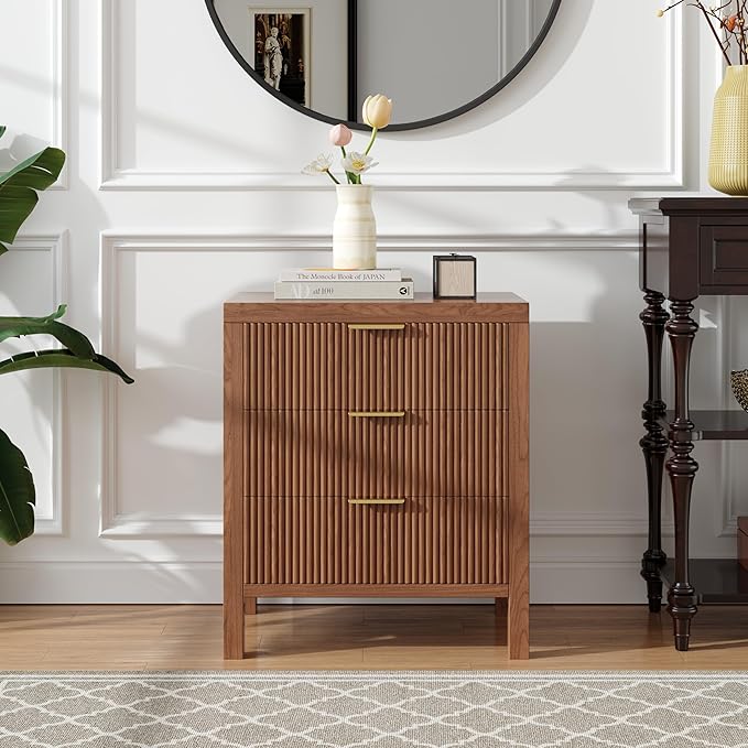 End Table with Storage, Wooden Farmhouse Nightstands with 3 Drawers, Bedside Table - Boho Tall Side Table Accent for Bedroom, Living Room, Walnut
