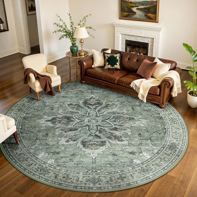 Area Rugs 8ft Washable Non-Slip, Floral Vintage Distress Print Pattern Medallion Carpet for Living Room Bedroom Dining Room, Dark Green Gray