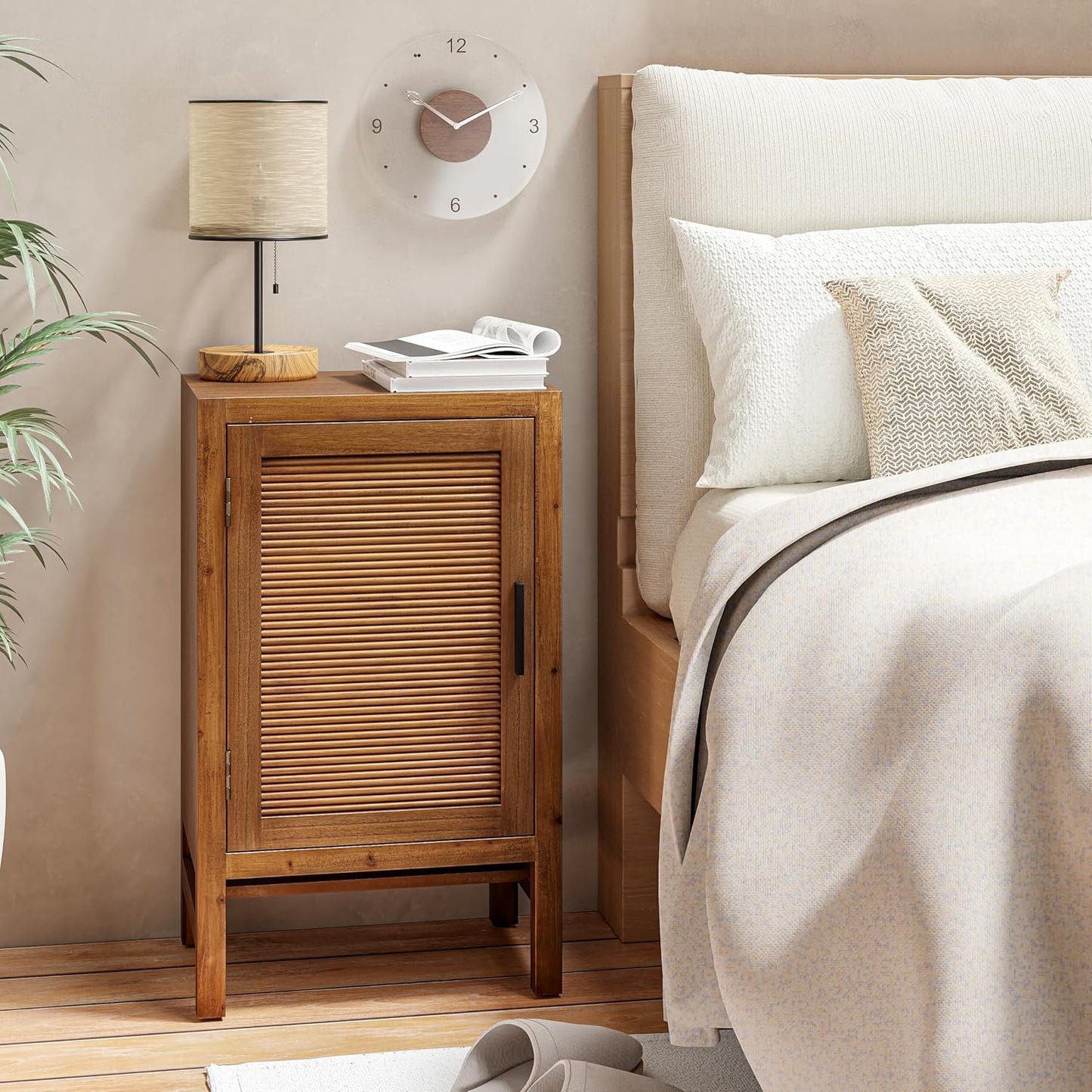 1 Door Farmhouse Nightstand, Rustic Slat Door Cabinet with 2 Shelves, Accent End Table with Storage for Bedroom, Brown